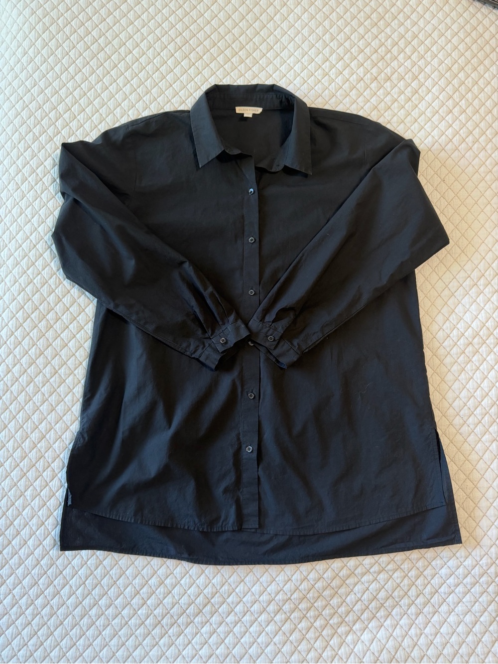Eileen Fisher Black Organic Cotton Button Front Shirt - Picture 6 of 10